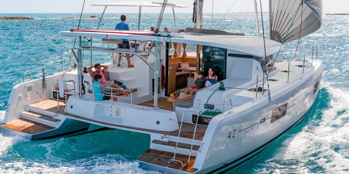 Sailing bareboat yacht in the British Virgin Island surrounded by crystal clear water